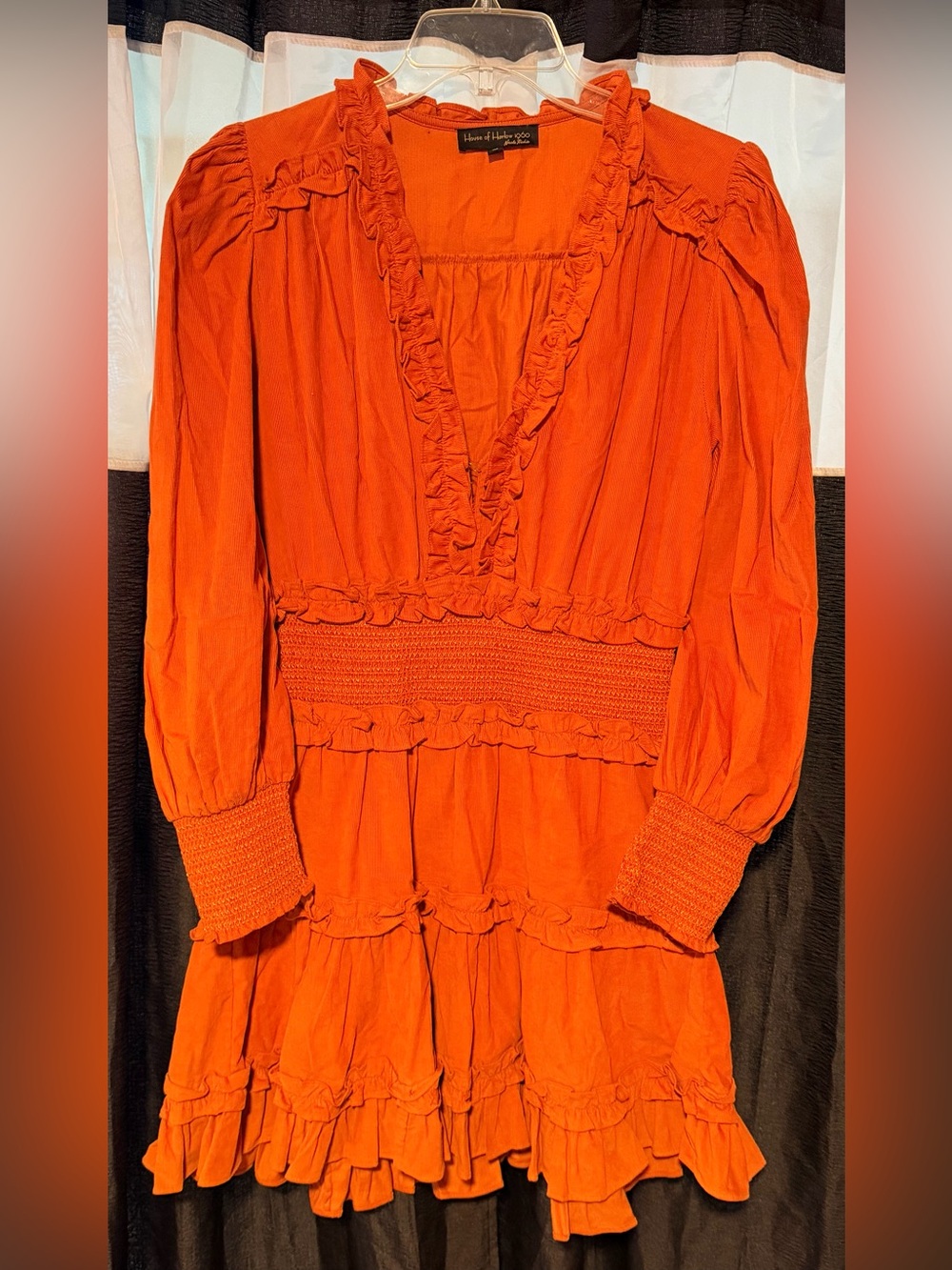 Preloved House of Harlow 1960 Orange Ruffle Smocked-Waist Long Sleeve Dress